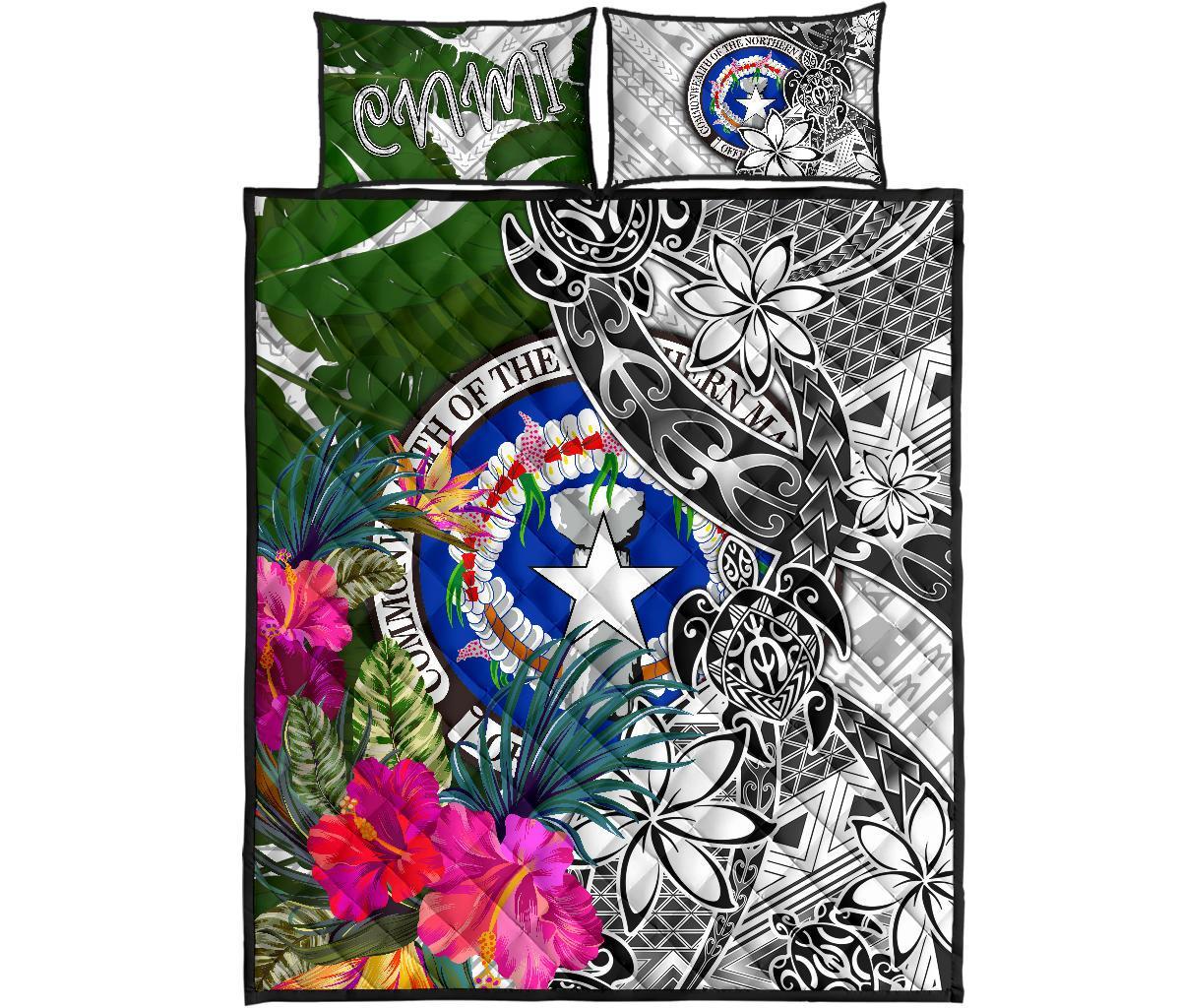 Northern Mariana Islands Quilt Bed Set White - Turtle Plumeria Banana Leaf - Polynesian Pride