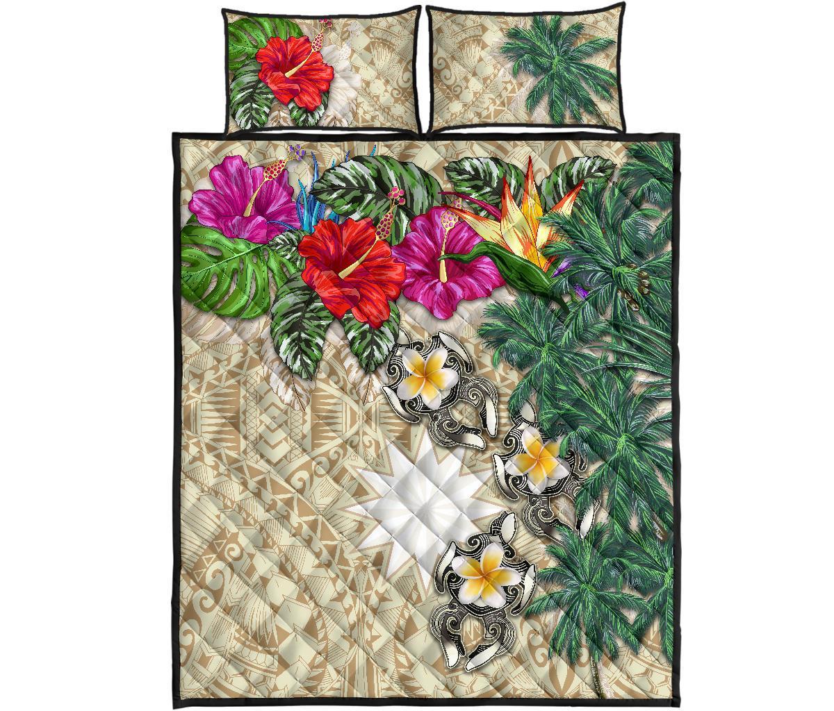 Nauru Polynesian Quilt Bed Set - Hibiscus Turtle Tattoo Beige - Polynesian Pride