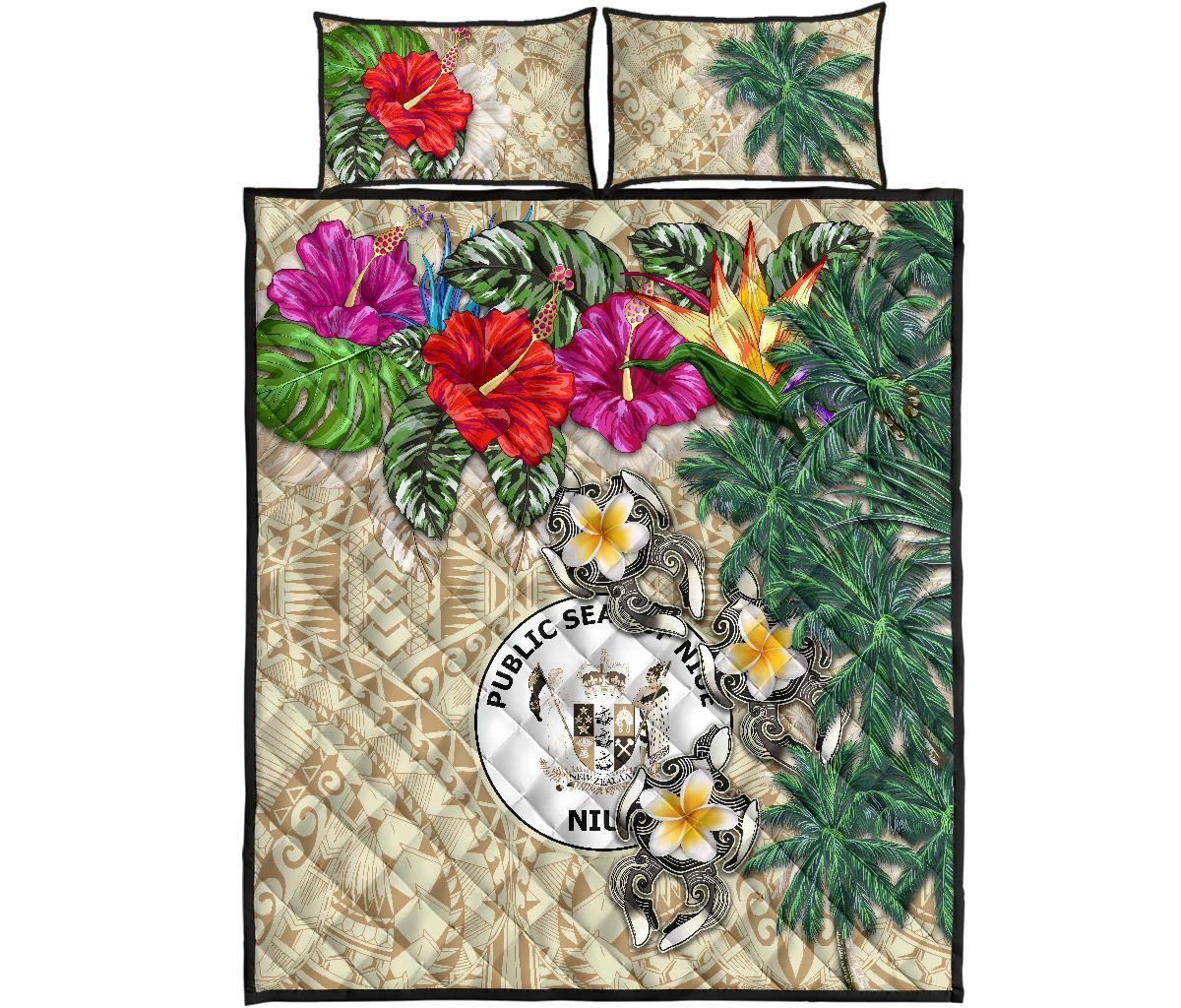 Niue Polynesian Quilt Bed Set - Hibiscus Turtle Tattoo Beige - Polynesian Pride