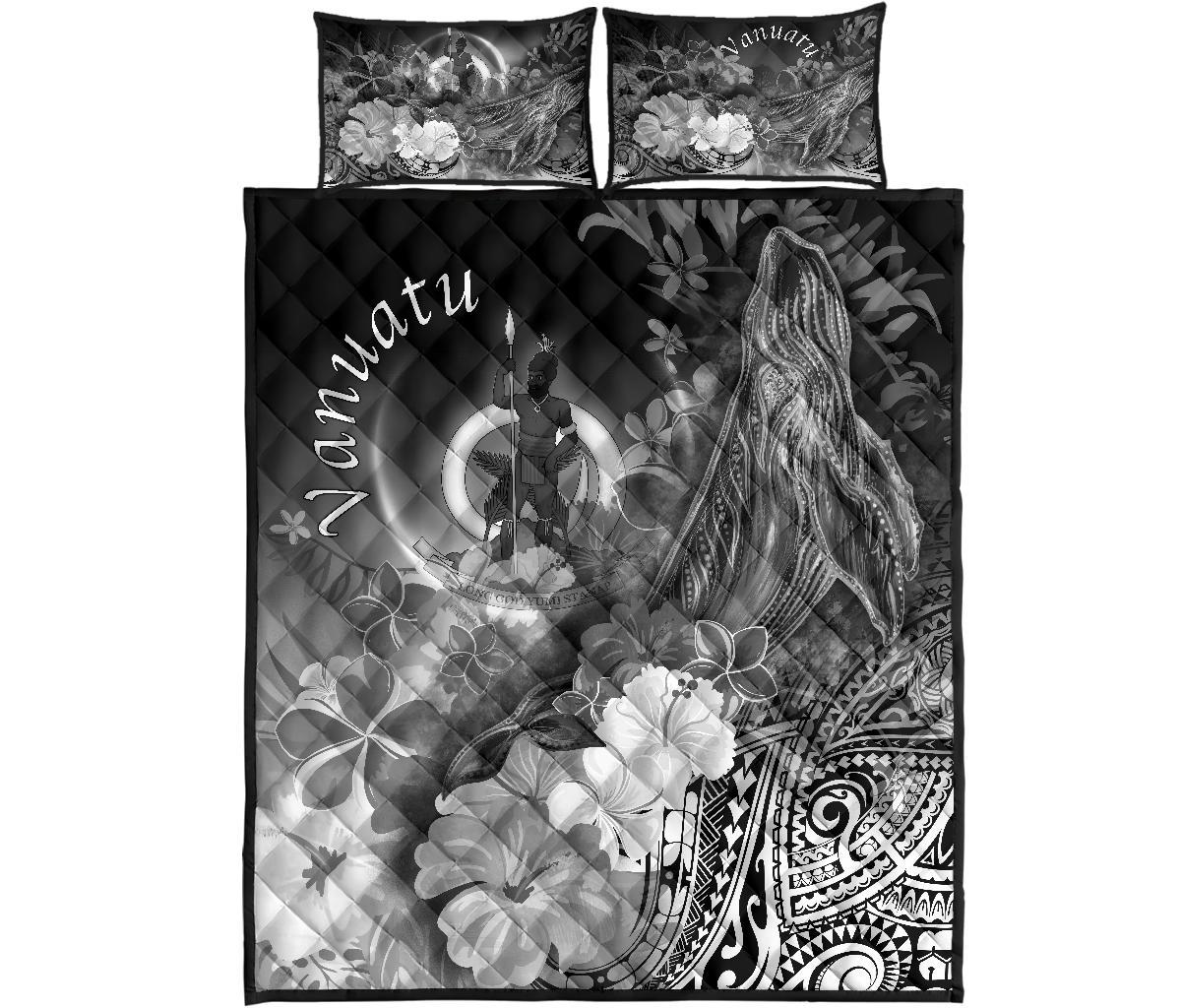 Vanuatu Quilt Bed Set - Humpback Whale with Tropical Flowers (White) - Polynesian Pride