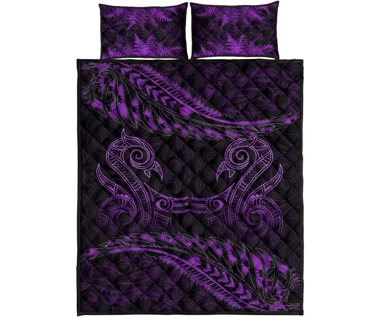 Aotearoa Quilt Bed Set Purple Maori Manaia With Silver Fern - Polynesian Pride