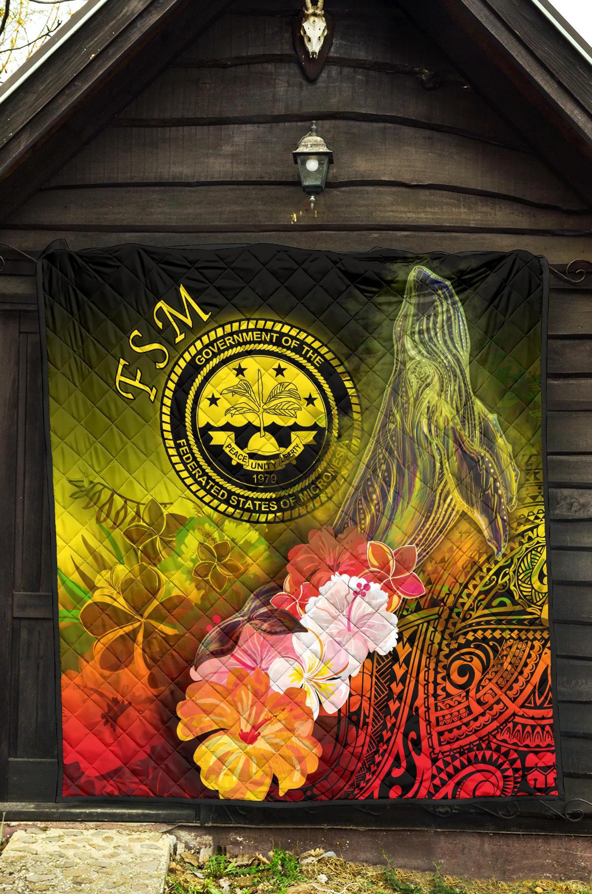 Federated States of Micronesia Premium Quilts - Humpback Whale with Tropical Flowers (Yellow) - Polynesian Pride