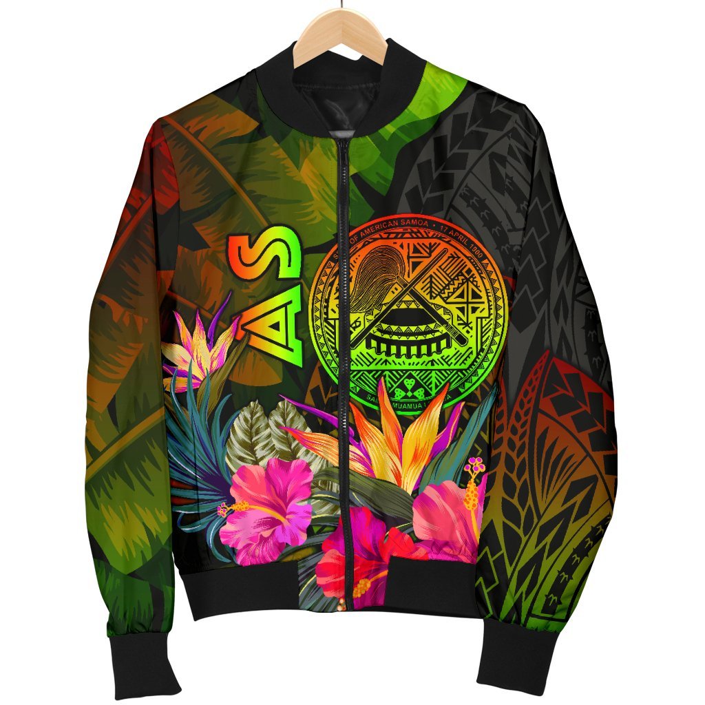 American Samoa Polynesian Men's Bomber Jacket - Hibiscus and Banana Leaves - Polynesian Pride