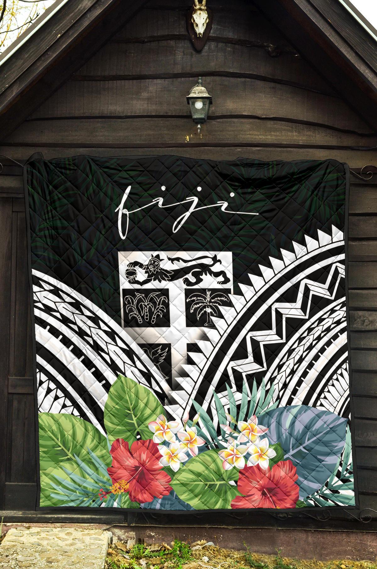 Fiji Premium Quilt - Fiji Coat of Arms & Polynesian Tropical Flowers White - Polynesian Pride