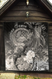 American Samoa Polynesian Premium Quilt - Humpback Whale with Tropical Flowers (White) - Polynesian Pride