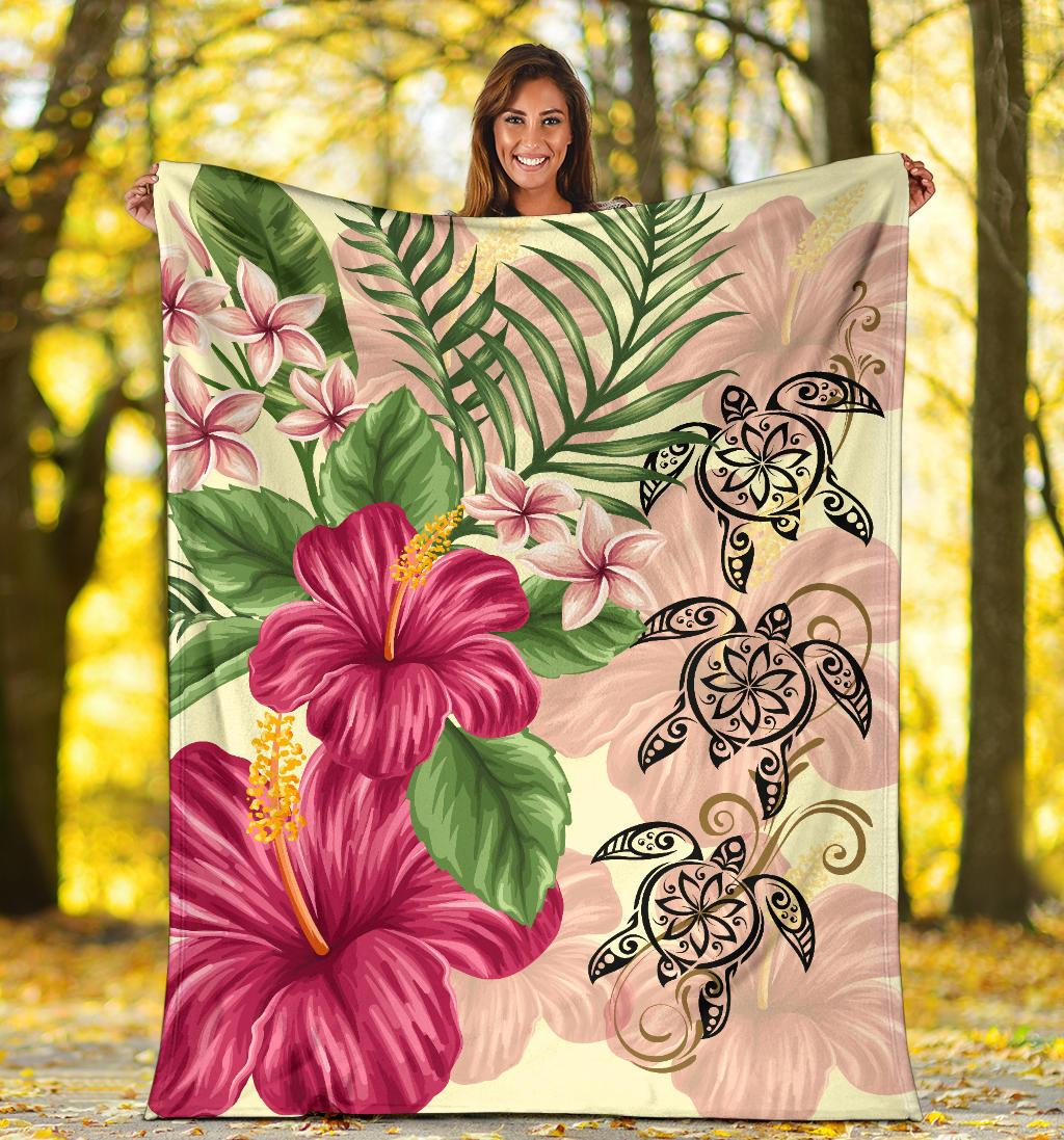 Hawaii Turtle Hibiscus Plumeria Beige Style - Premium Blanket AH - Polynesian Pride