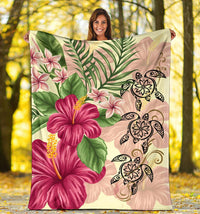 Hawaii Turtle Hibiscus Plumeria Beige Style - Premium Blanket AH - Polynesian Pride