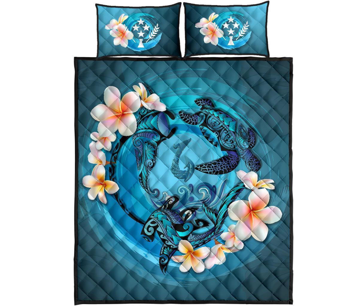 Kosrae Polynesian Quilt Bed Set - Blue Plumeria Animal Tattoo - Polynesian Pride
