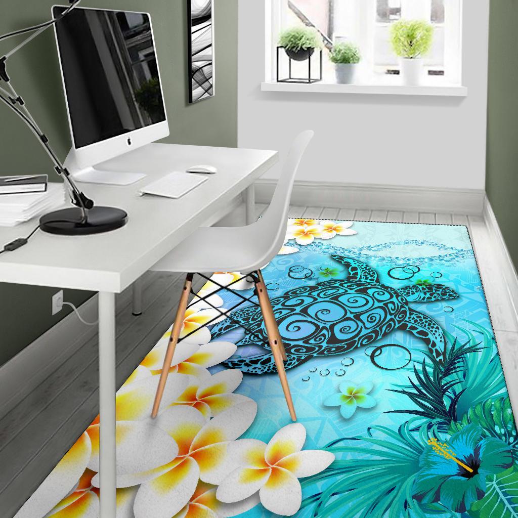Polynesian Turtle Area Rug, Plumeria with Hibiscus - Polynesian Pride