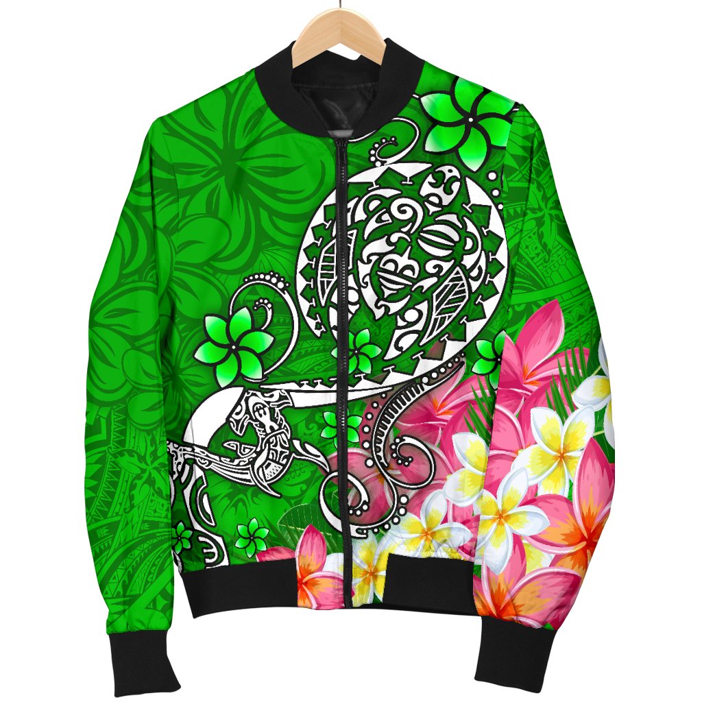 Polynesian Men's Bomber Jacket - Turtle Plumeria Green Color - Polynesian Pride