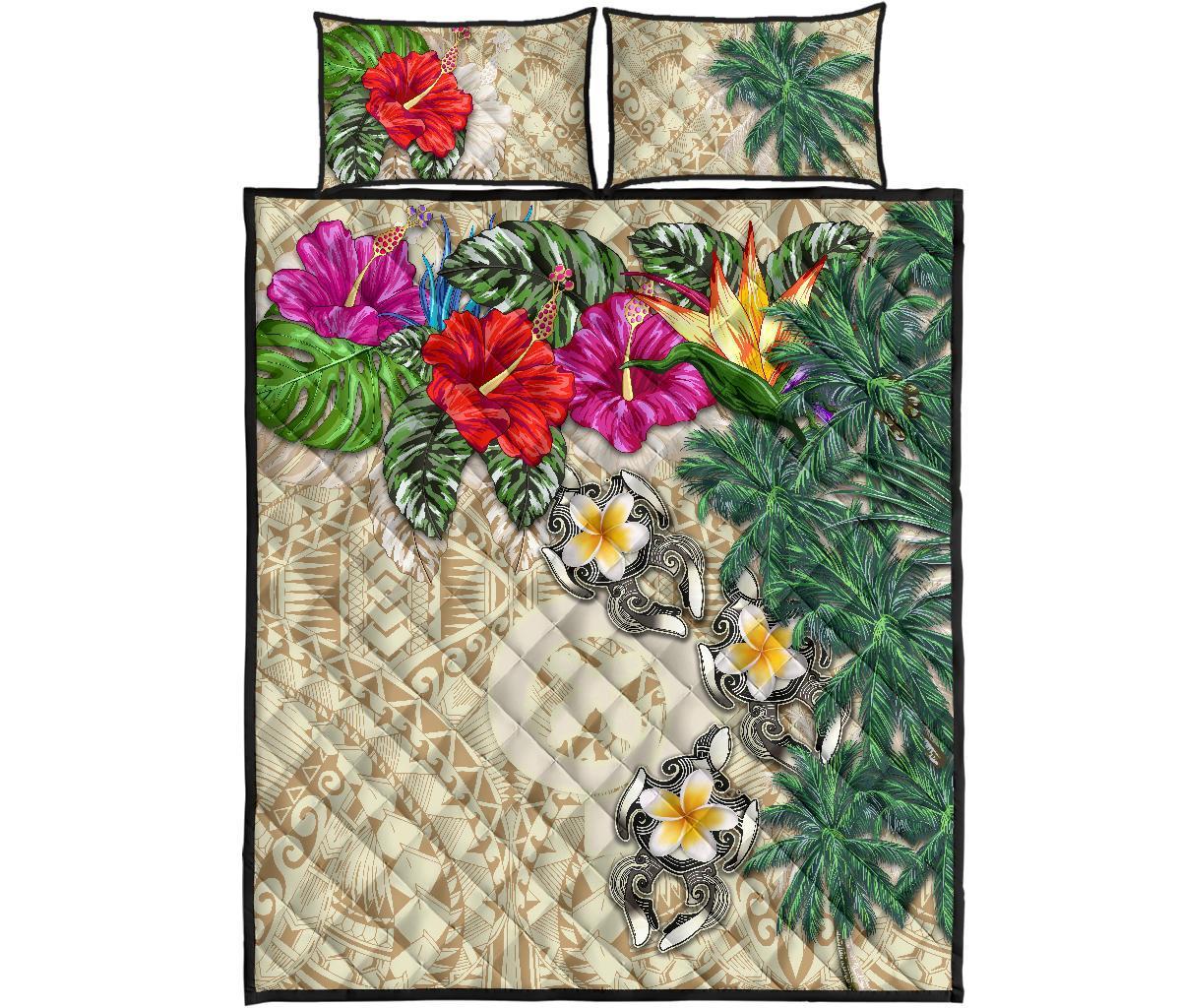 Vanuatu Polynesian Quilt Bed Set - Hibiscus Turtle Tattoo Beige - Polynesian Pride