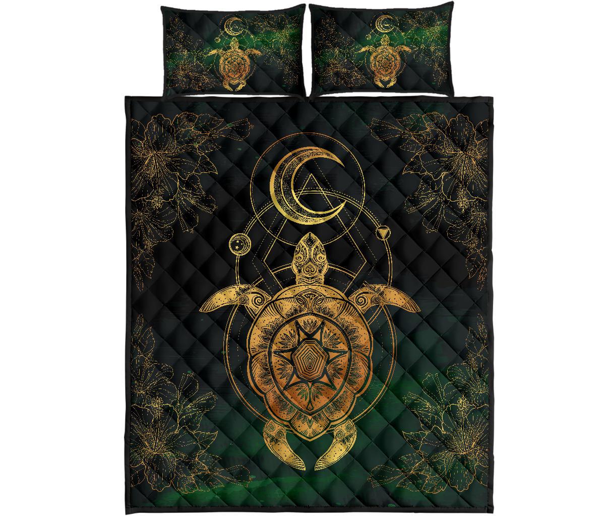 Turtle Hibiscus Golden Galaxy Quilt Bed Set Gold - Polynesian Pride
