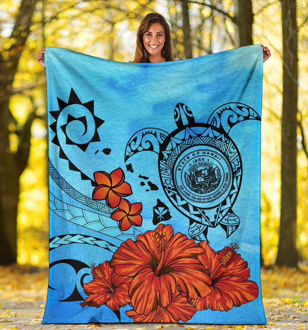 Hawaiian Map Kanaka Sea Turtle Seal Of Hawaii Hibiscus Plumeria Polynesian Blanket - Polynesian Pride
