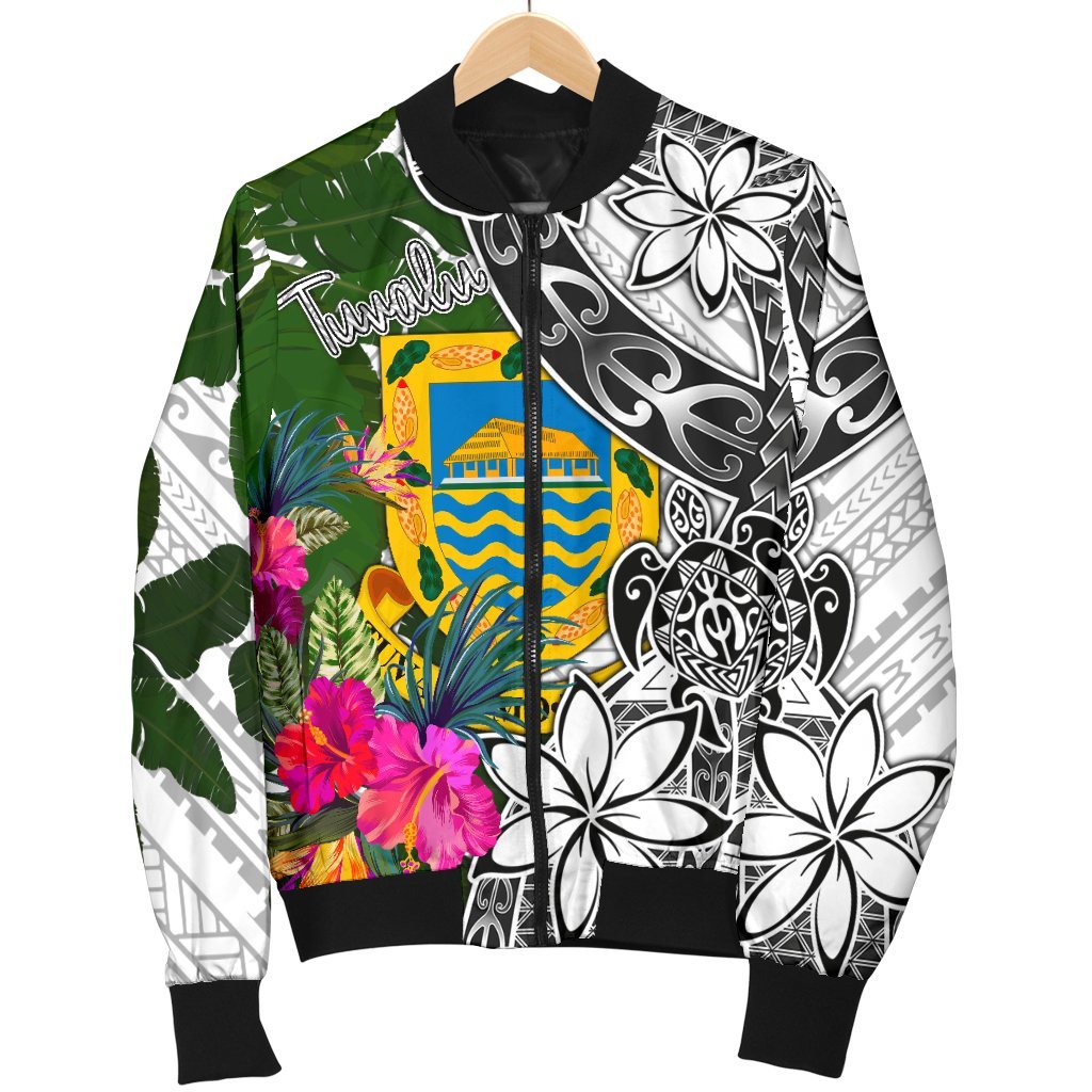 Tuvalu Men's Bomber Jacket White - Turtle Plumeria Banana Leaf - Polynesian Pride