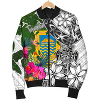 Tuvalu Men's Bomber Jacket White - Turtle Plumeria Banana Leaf - Polynesian Pride