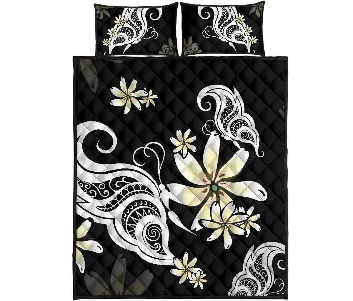 Plumeria Butterfly Quilt Bed Set Black - Polynesian Pride