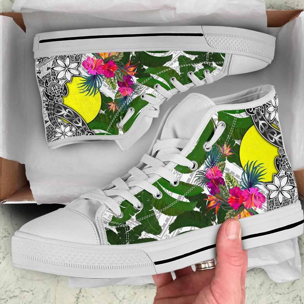 Palau High Top Shoes White - Turtle Plumeria Banana Leaf - Polynesian Pride