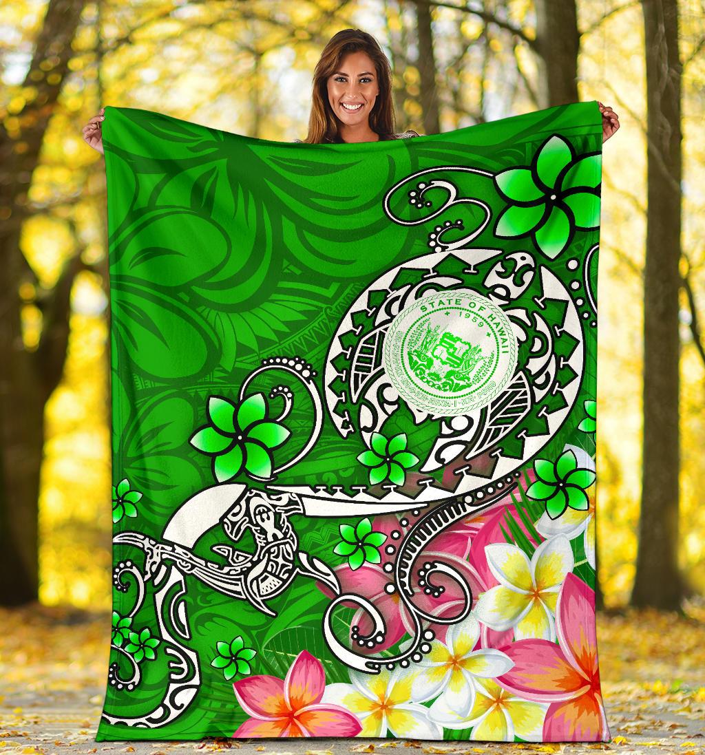 Hawaii Polynesian Premium Blankets - Hawaii Seal With Turtle Plumeria (Green) - Polynesian Pride