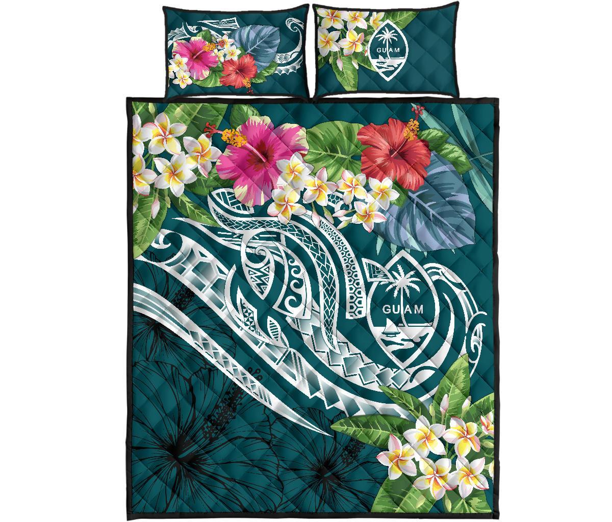 Guam Polynesian Quilt Bed Set - Summer Plumeria (Turquoise) - Polynesian Pride