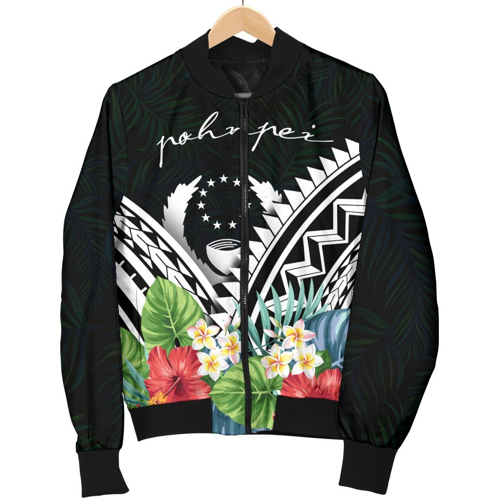 Pohnpei Men's Bomber Jacket - Pohnpei Caledonia Coat of Arms & Polynesian Tropical Flowers White - Polynesian Pride