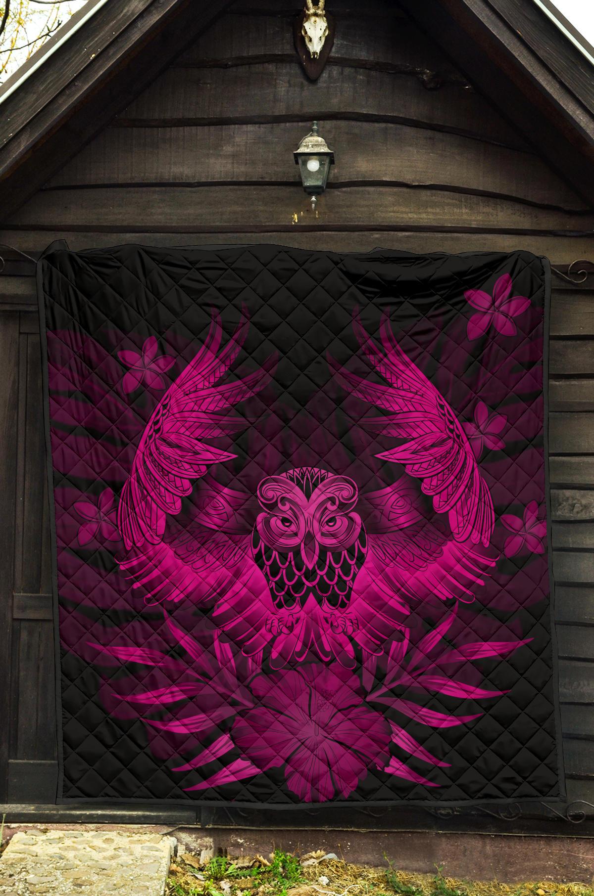 Hawaii Owl Hibiscus Plumeria Premium Quilt - Pink - Polynesian Pride