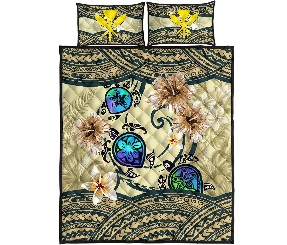 Kanaka Maoli (Hawaiian) Quilt Bed Set - Polynesian Turtle Hibiscus Beige Beige - Polynesian Pride