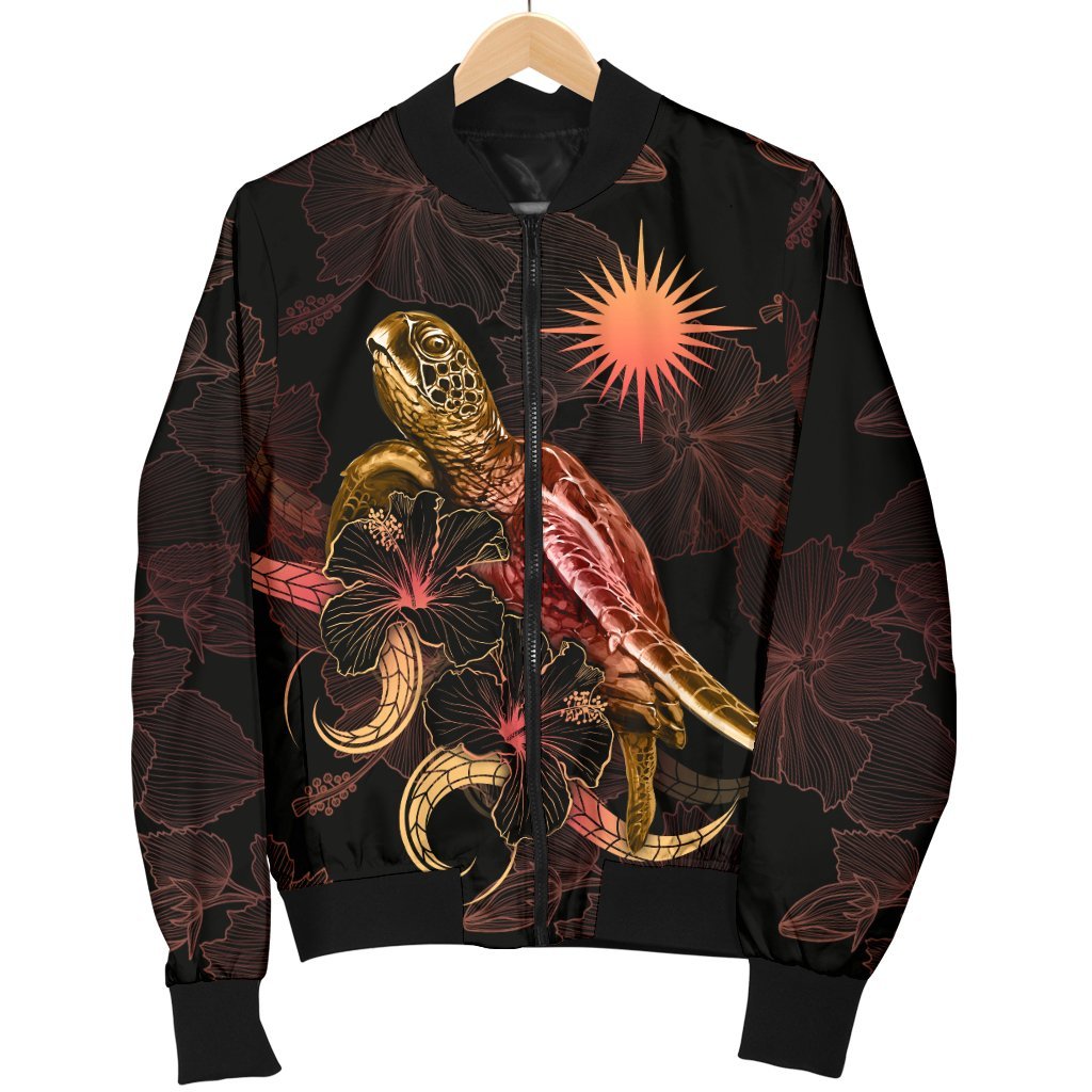 Marshall Islands Polynesian Men's Bomber Jacket - Turtle With Blooming Hibiscus Gold - Polynesian Pride