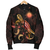 Marshall Islands Polynesian Men's Bomber Jacket - Turtle With Blooming Hibiscus Gold - Polynesian Pride