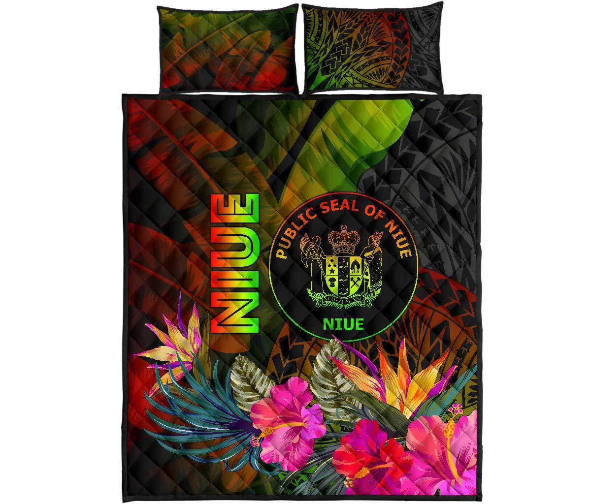 Niue Polynesian Quilt Bed Set - Hibiscus and Banana Leaves - Polynesian Pride