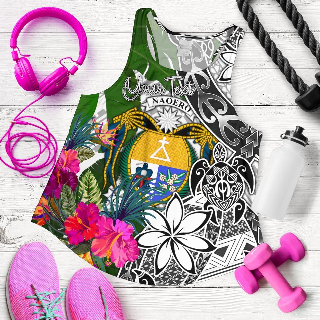Nauru Custom Personalised Women's Racerback Tank White - Turtle Plumeria Banana Leaf Crest White - Polynesian Pride