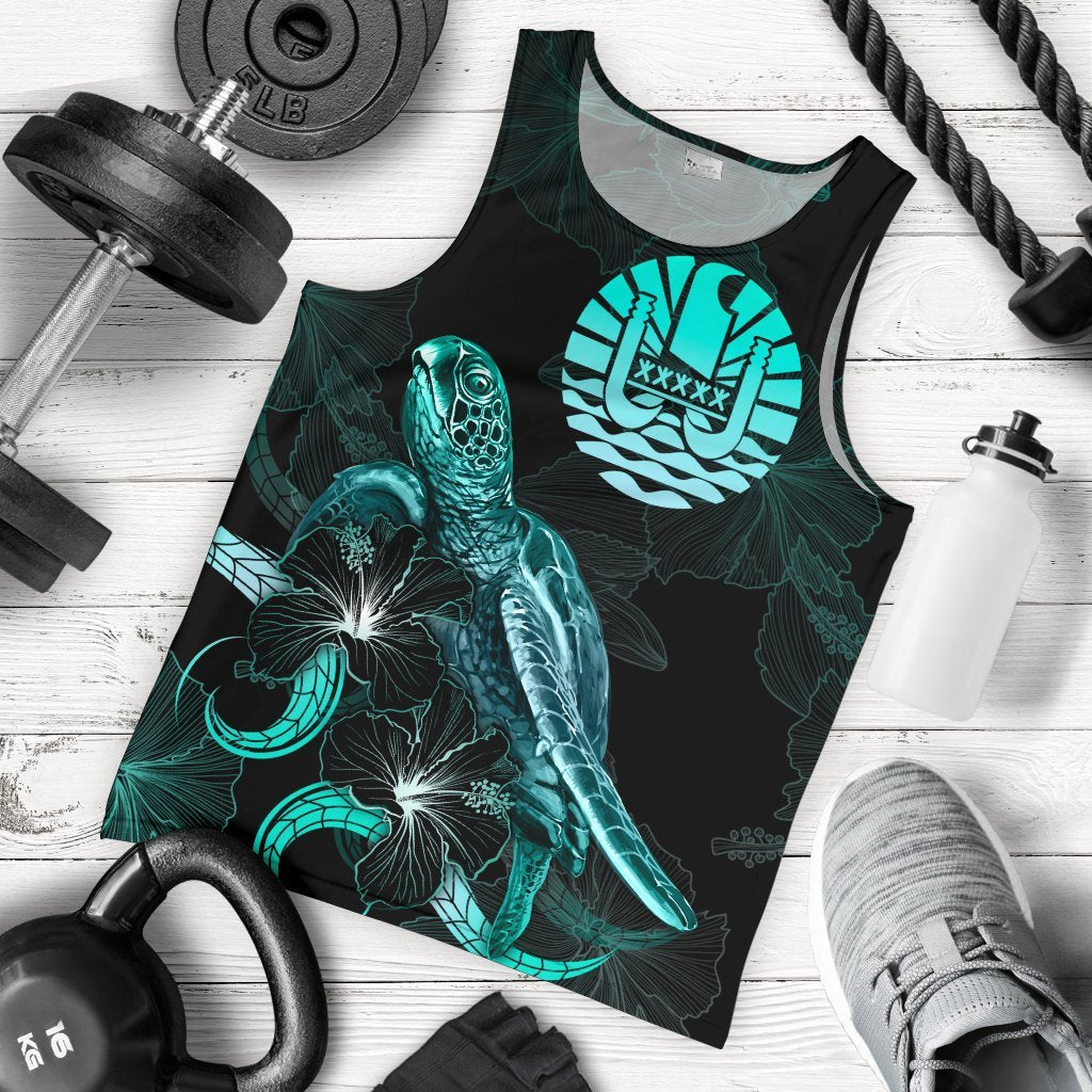 Tahiti Polynesian Men Tank Top - Turtle With Blooming Hibiscus Tuquoise Turquoise - Polynesian Pride