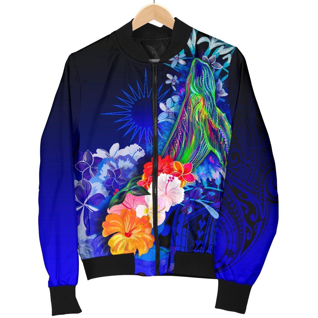 Marshall Islands Men's Bomber Jacket - Humpback Whale with Tropical Flowers (Blue) - Polynesian Pride