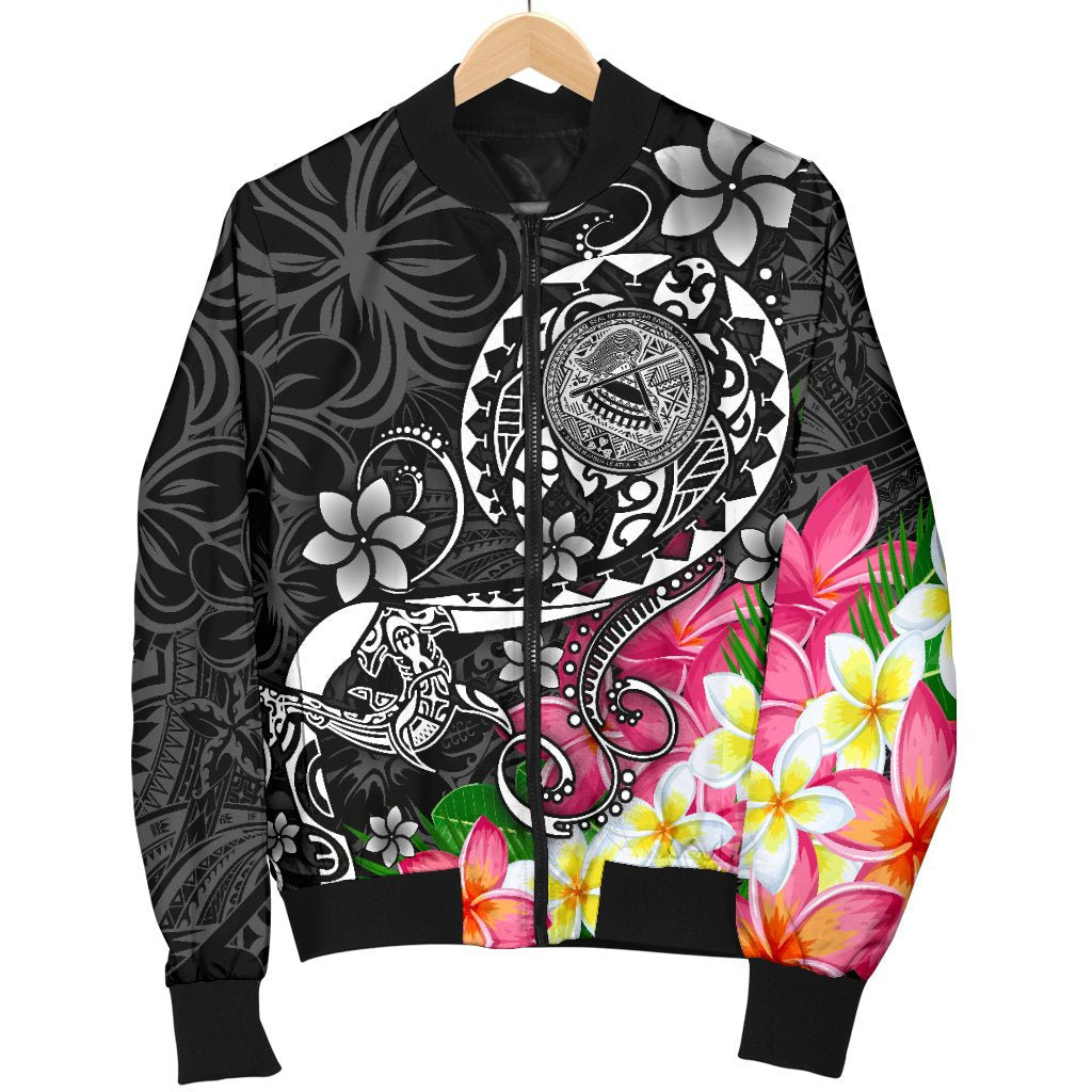 American Samoa Polynesian Men's Bomber Jacket - Turtle Plumeria (Black) - Polynesian Pride
