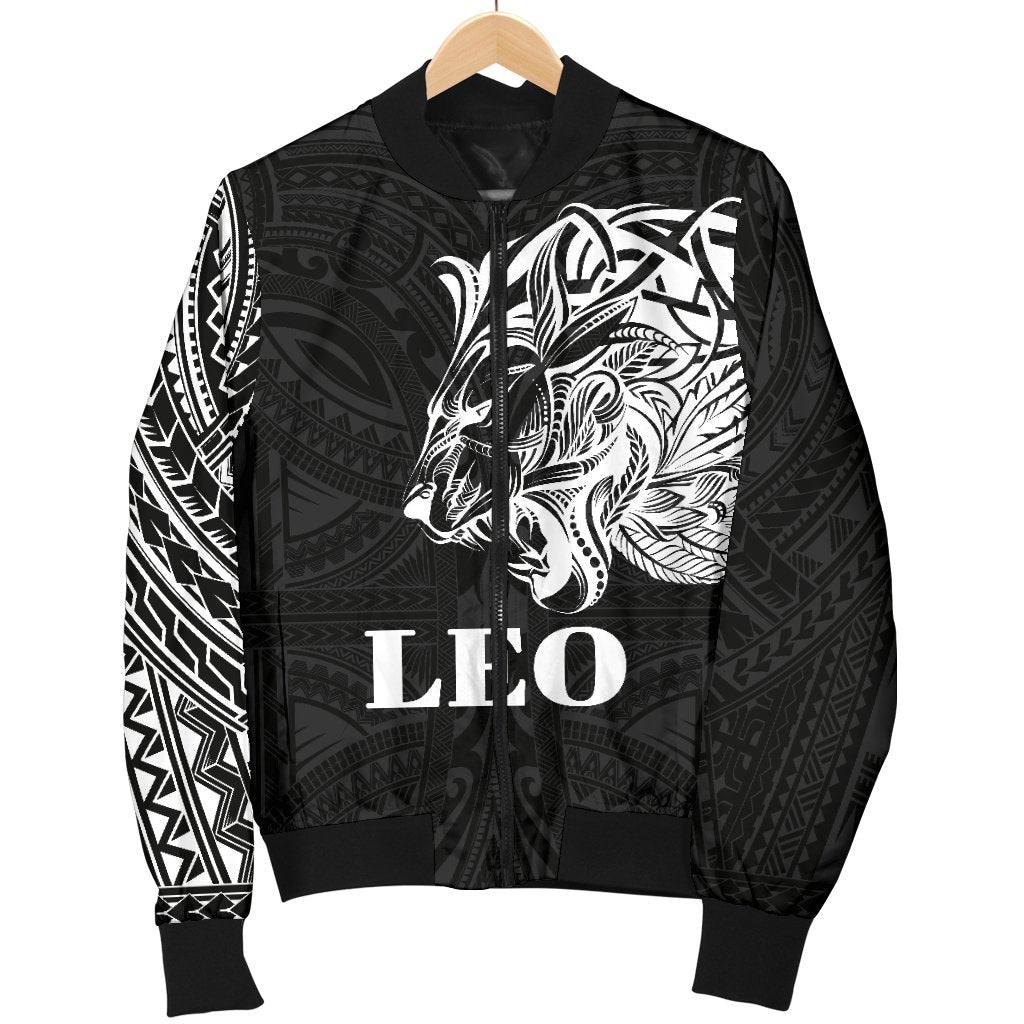 Sun In Leo Zodiac Women Bomber Jacket Polynesian Tattoo Simple - White - Polynesian Pride