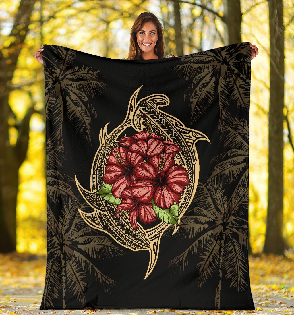 Hawaii Shark Hibiscus Gold Premium Blanket - Polynesian Pride