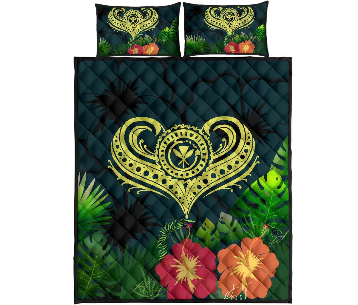 Polynesian Hawaii Kanaka Maoli Quilt Bed Set - Heart with Hibiscus - Polynesian Pride