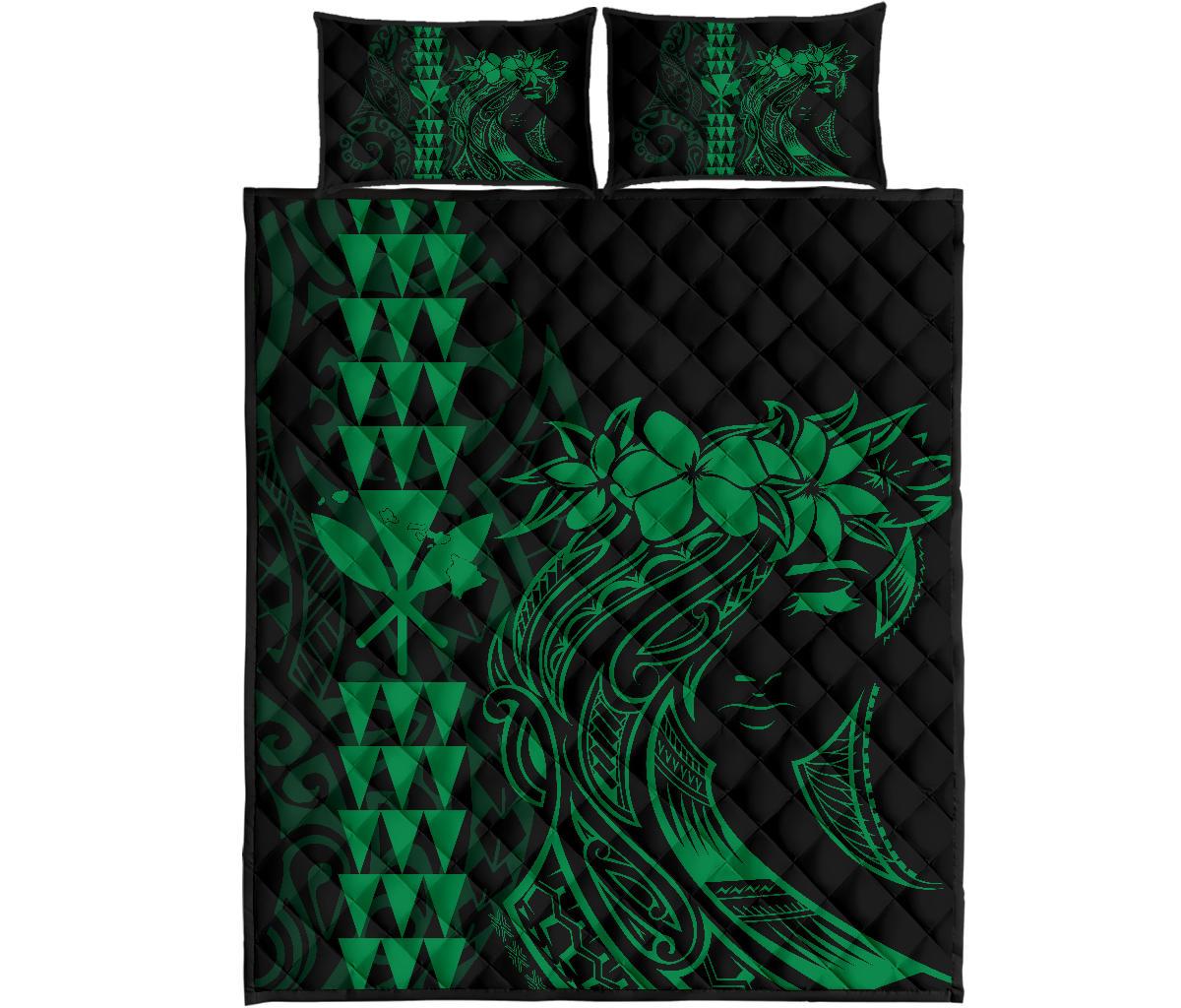 Hawaii Map Kanaka Polynesian Hula Girl Quilt Bed Set - Green - Polynesian Pride