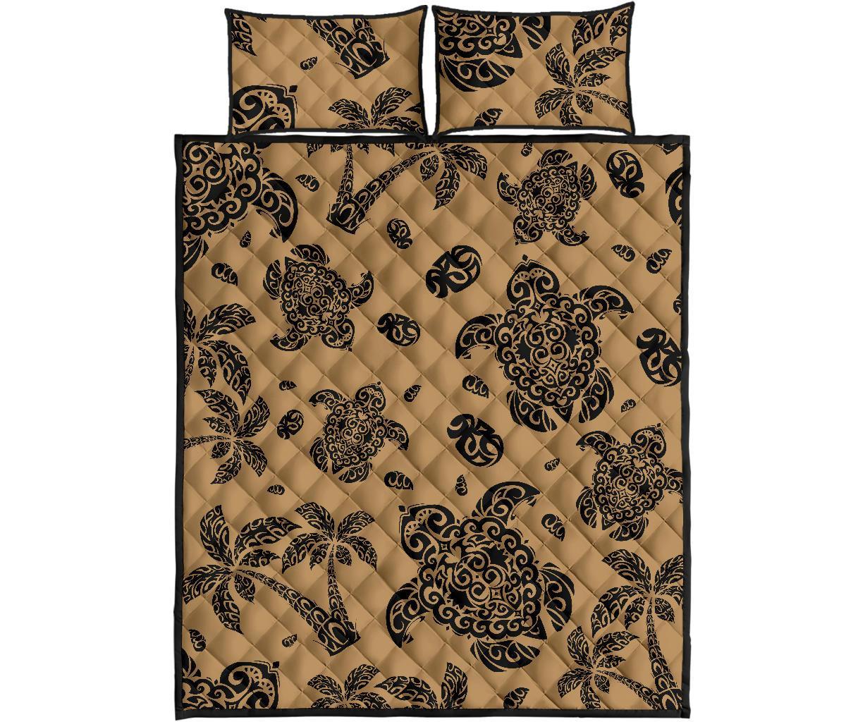 Hawaii Quilt Bed Set Polynesia Turtle Palm And Sea Pebbles Gold AH - Polynesian Pride