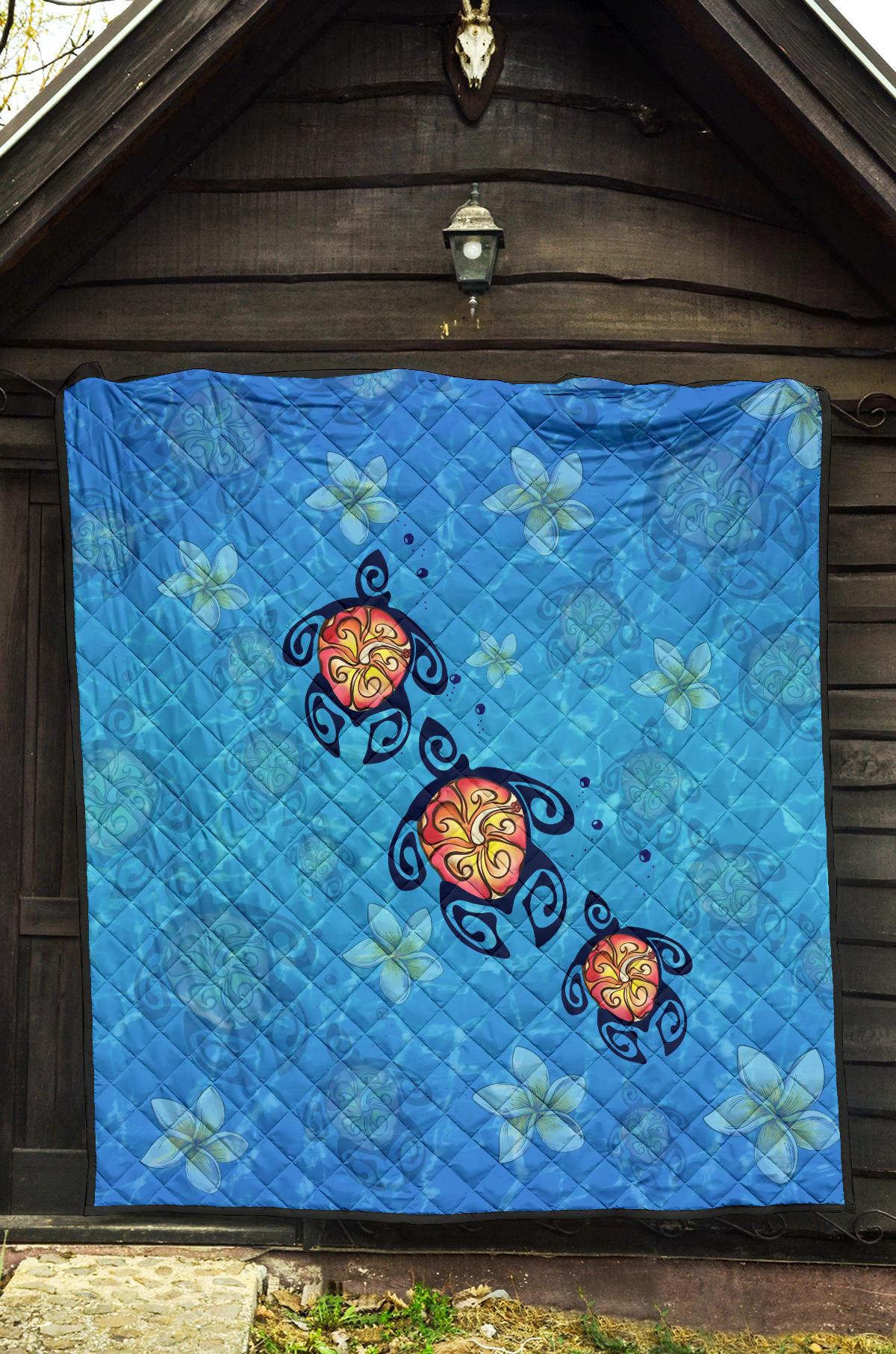 Hawaii Plumeria Turtle In The Ocean Premium Quilt - AH - John Style - Polynesian Pride
