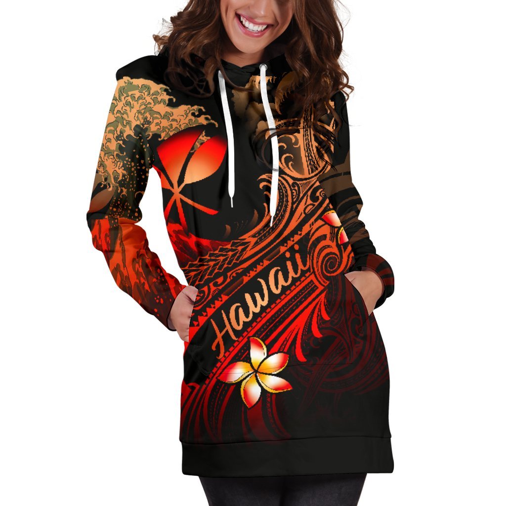 Hawaii Polynesian Hoodie Dress - Plumeria Flowers And Waves - Polynesian Pride