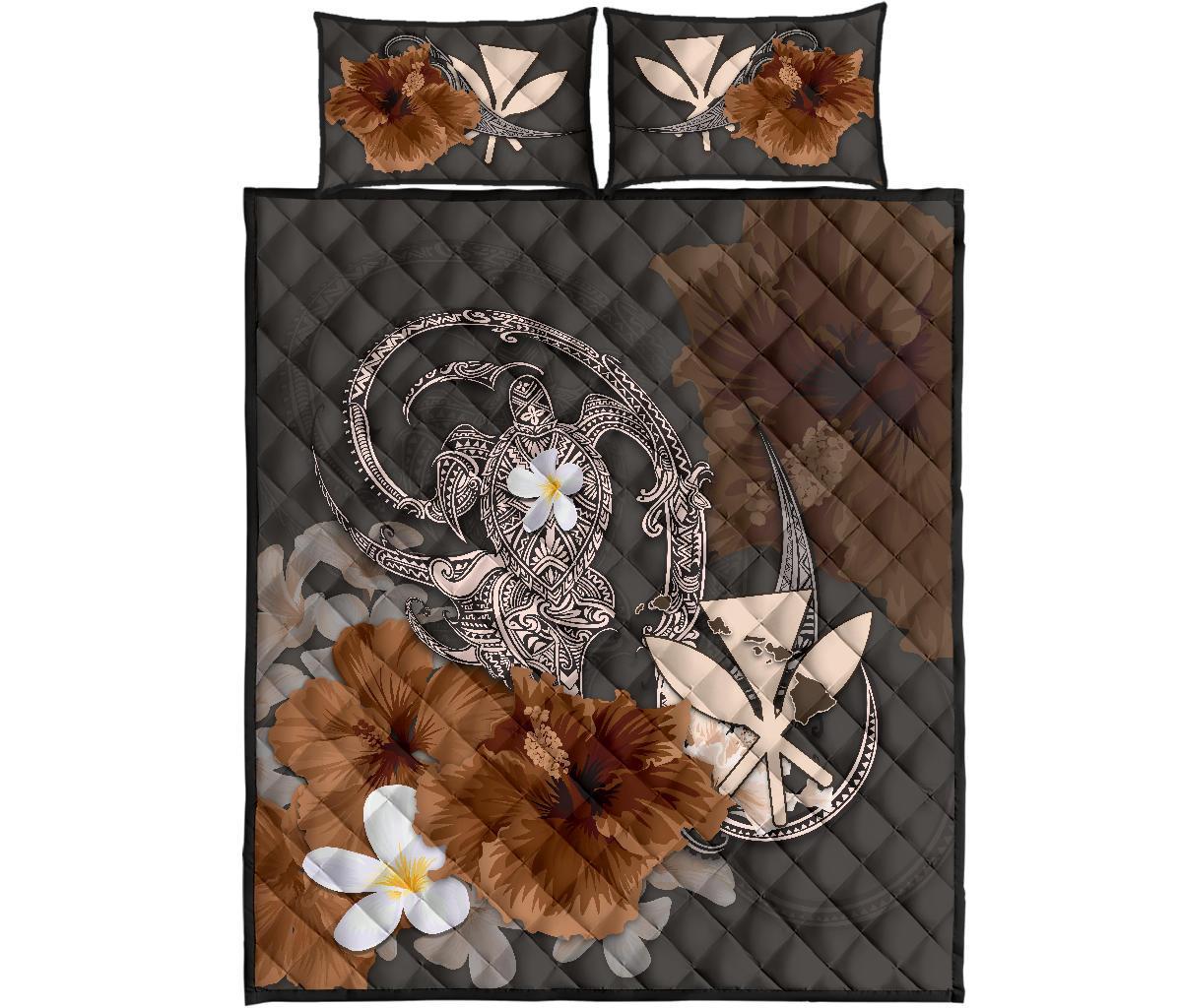Kanaka Maoli (Hawaii) Quilt Bed Set - Hibiscus Turtle Tribal Brown Brown - Polynesian Pride