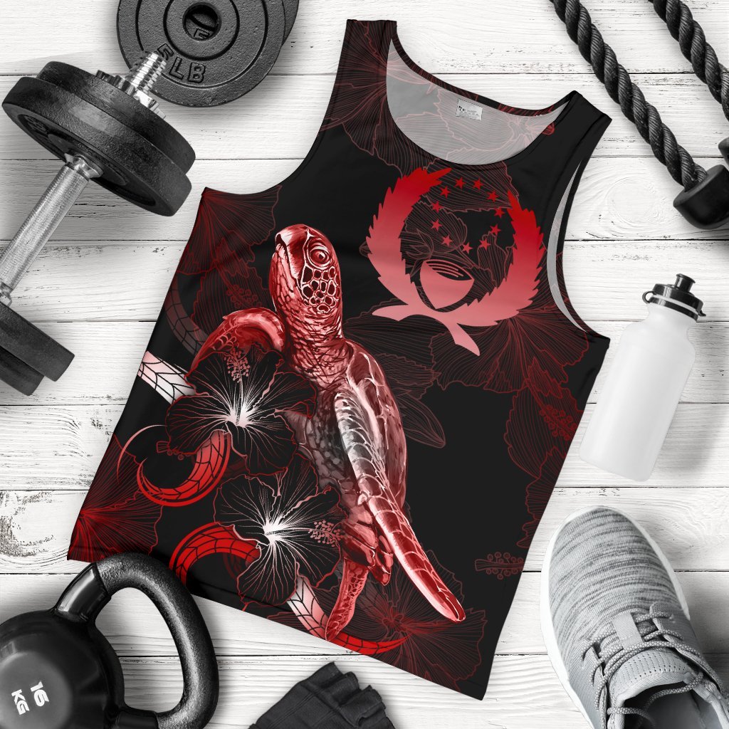 Pohnpei Men Tank Top - Turtle With Blooming Hibiscus Red Red - Polynesian Pride