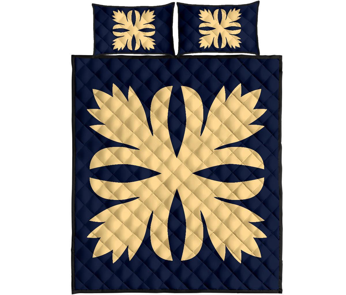 Hawaiian Royal Pattern Quilt Bed Set - Indigo - C3 Style - Polynesian Pride