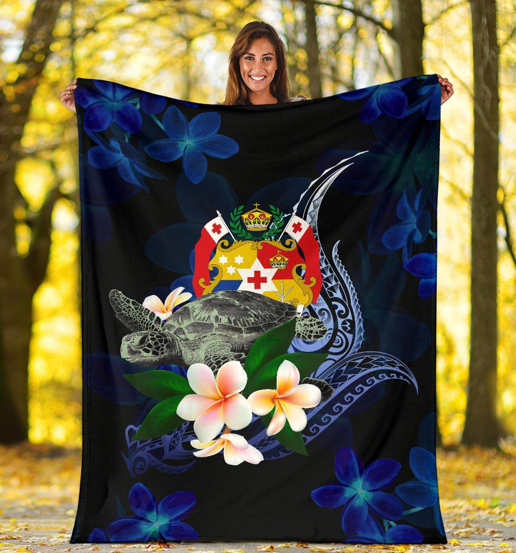 Tonga Polynesian Premium Blanket - Turtle With Plumeria Flowers - Polynesian Pride