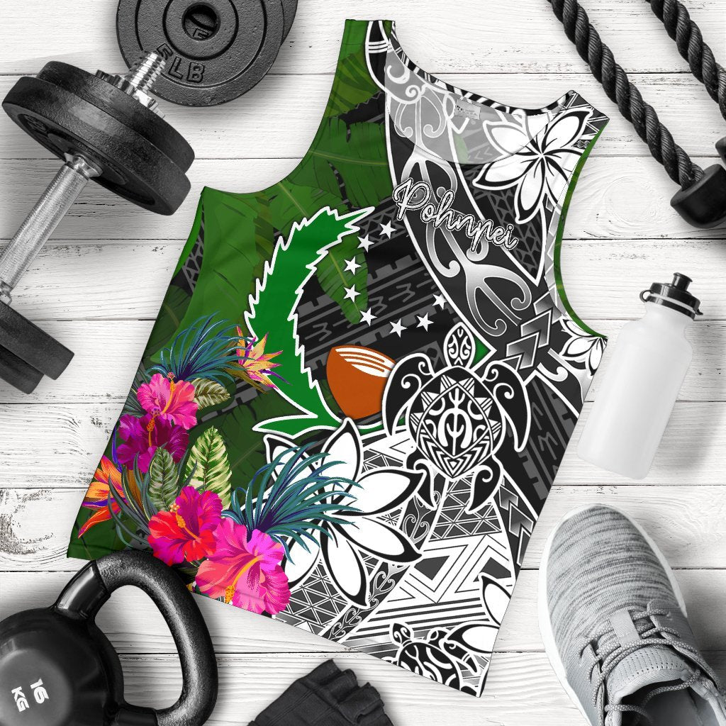 Pohnpei Men Tank Top - Turtle Plumeria Banana Leaf Black - Polynesian Pride