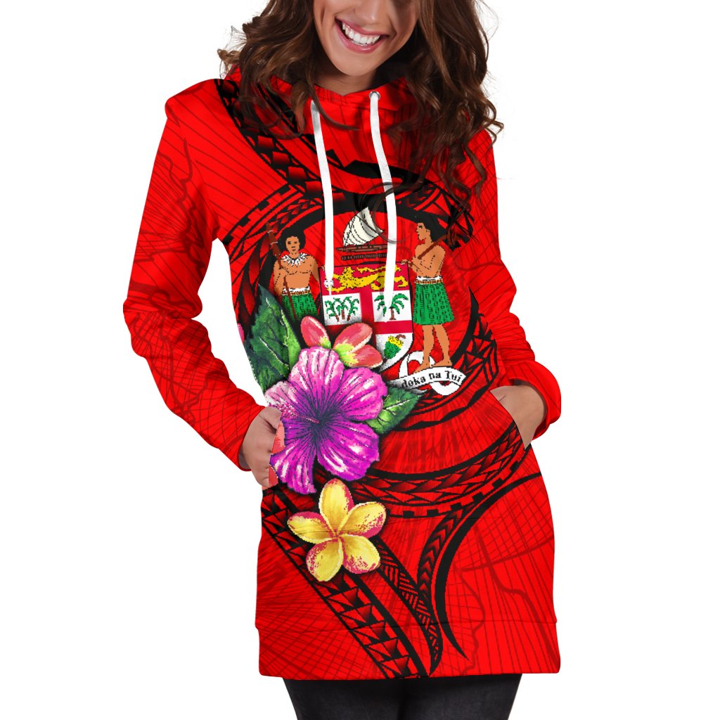 Fiji Polynesian Women's Hoodie Dress - Floral With Seal Red - Polynesian Pride