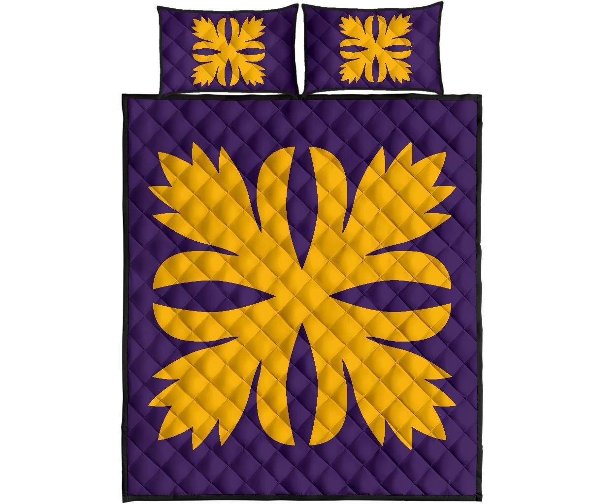 Hawaiian Royal Pattern Quilt Bed Set - Purple And Gold - C3 Style - Polynesian Pride
