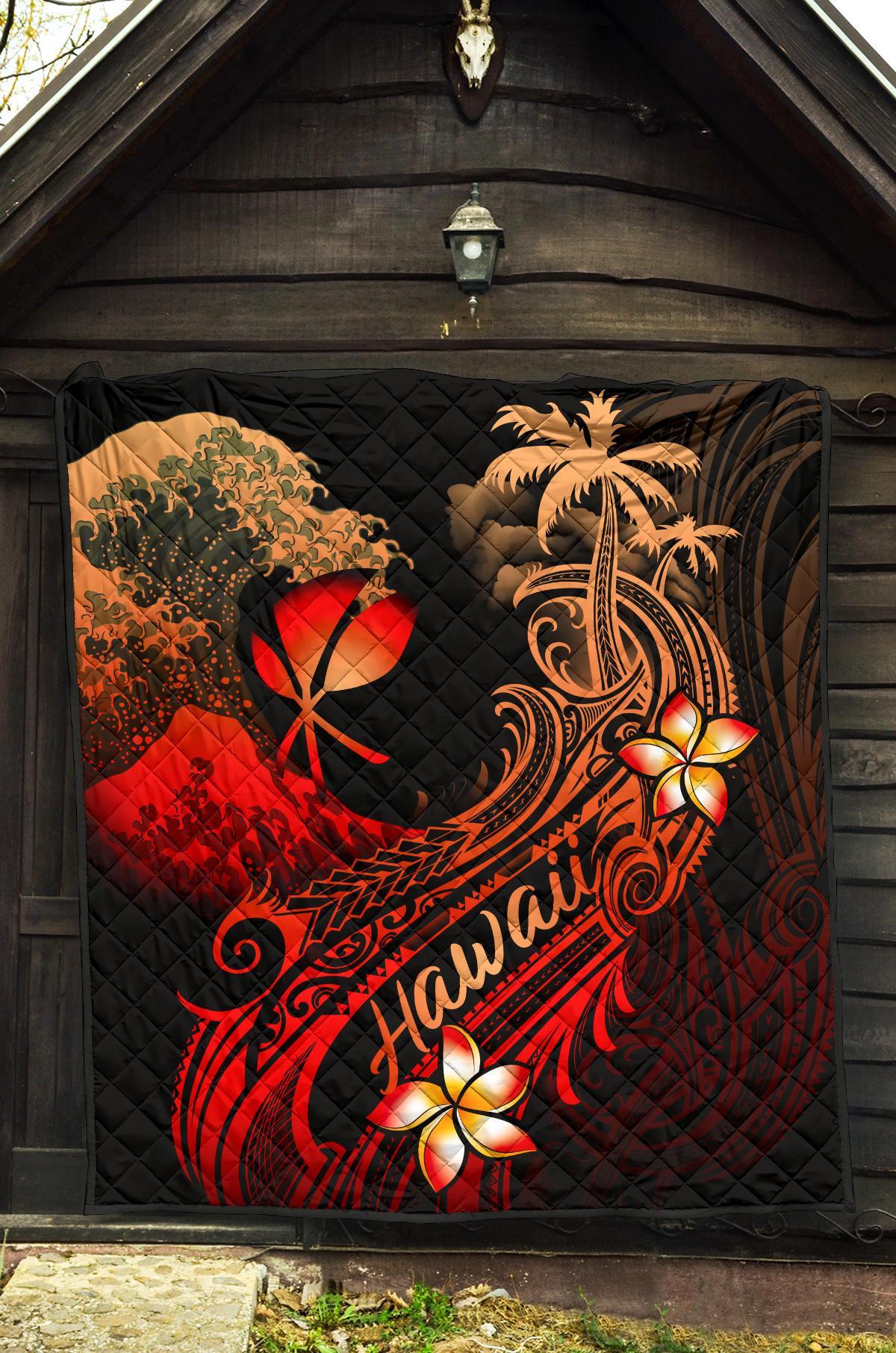 Hawaii Polynesian Premium Quilt - Plumeria Flowers And Waves - Polynesian Pride