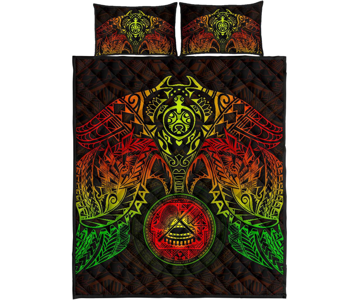American Samoa Polynesian Quilt Bed Set - Amerian Samoa Seal & Reggae Turtle Manta Ray - Polynesian Pride