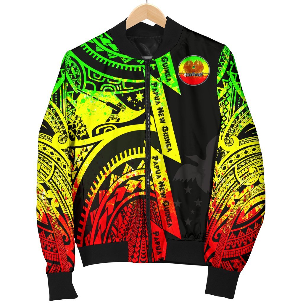 Polynesian Guinea Men's Bomber Jacket - Moana Maui Tattoo With Coat Of Arm Guinea Reggae - Polynesian Pride